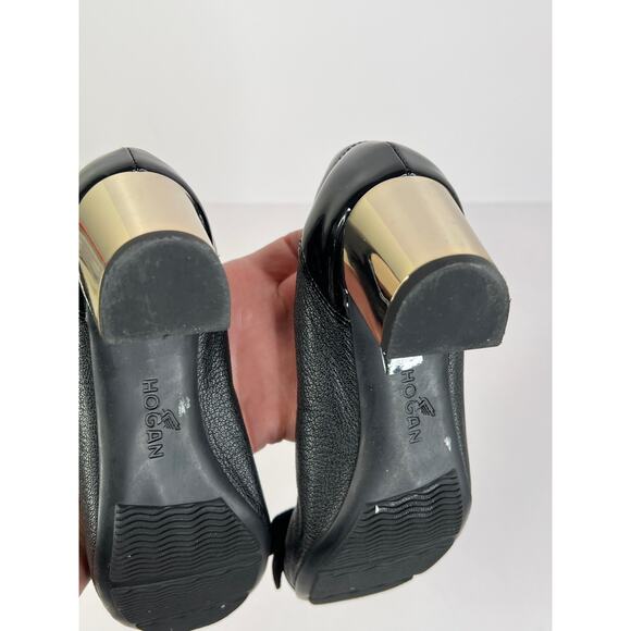Hogan Size 5 Leather Pump Gold Tone Metallic Block Heel, Fabric Bow Metal Edges - Picture 15 of 15